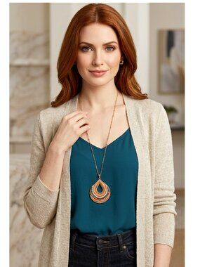 NECKLACE - Long gold and pink beaded medallion